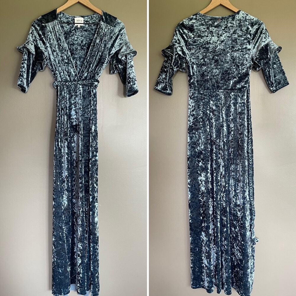 Misa Symone Wrap Dress Velvet Maxi Size XS Ruffle Sleeves Braided Sash Belt Teal - Picture 6 of 16